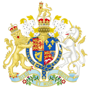 The Royal Coat of Arms for the Kingdom of Great Britain. Yes, that's the French fleur-de-lys in the upper right shield quadrant. The British monarchs were pretenders to the French throne (long story).