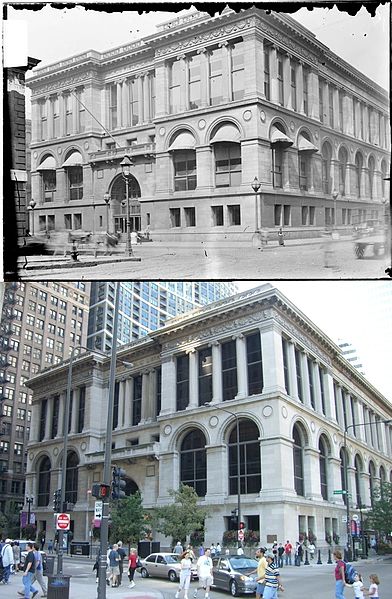 The old library building in 1903, and how it looks today as the Chicago Cultural Center