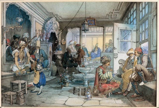 Jane ends up at a coffehouse, but even Netherfield doesn't have coffeehouses as exotic as this one. Painting by Amadeo Preziosi (1816 - 1882), who for many years made his living painting watercolors for tourists in the Near East and Balkans!